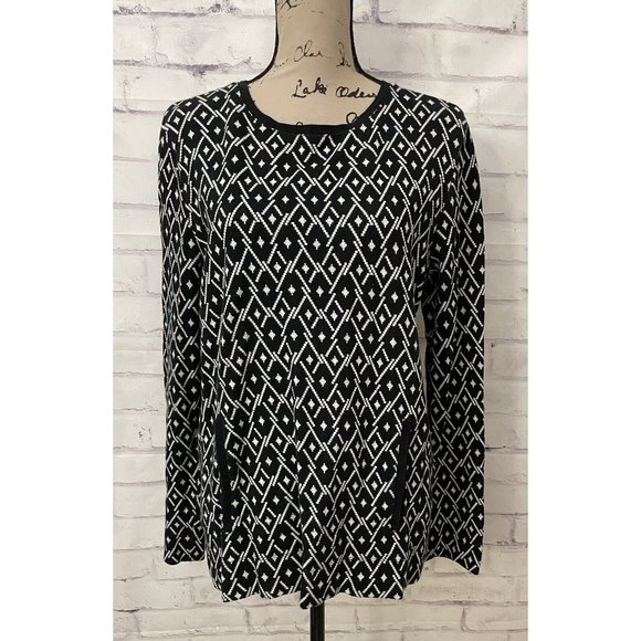 J. Jill Size L Black White Argyle Diamond Print Kangaroo Pocket Sweatshirt - Picture 1 of 8